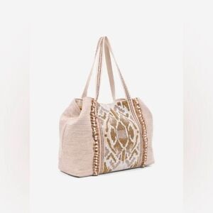 America & Beyond Hand Beaded Neutral Colored Wild Nights Tote Bag NWT